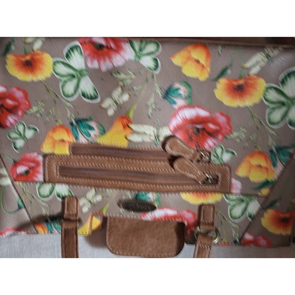 MultiSac Floral Butterfly Dragonfly Satchel Crossbody Handbag Tan Multi Pocket